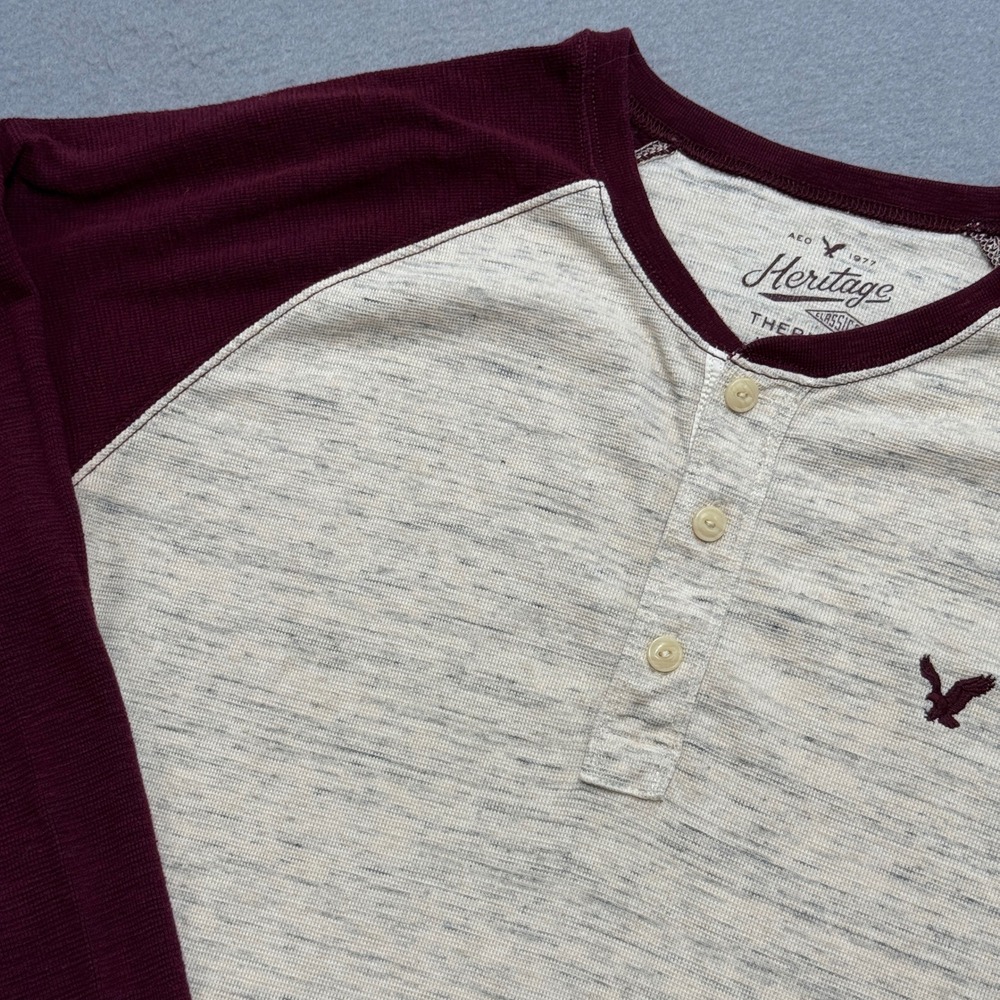 American Eagle Shirt Men's Large Gray Maroon Henley Heritage Classic Fit Thermal